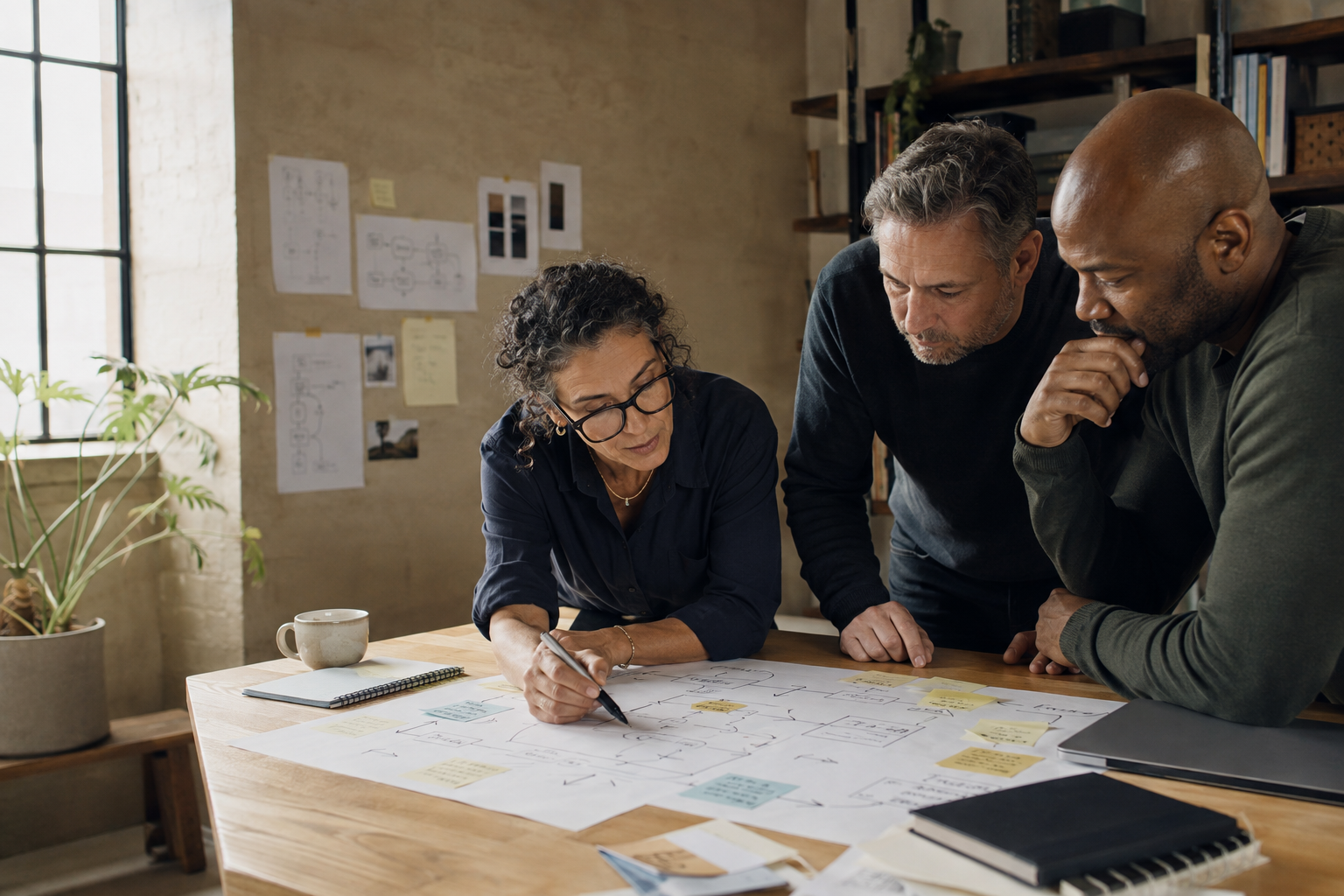 Business leaders mapping a workflow together