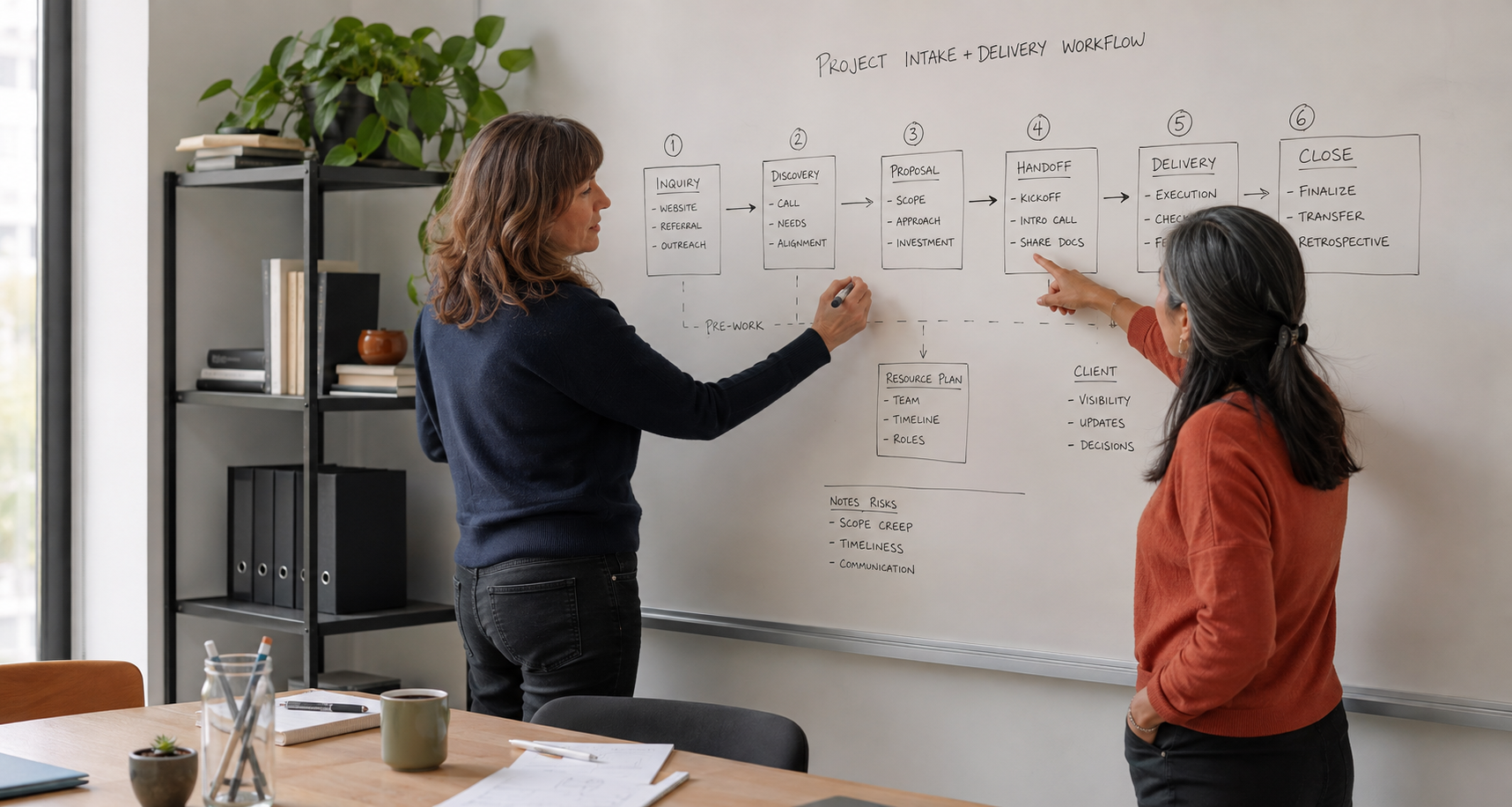 Two business leaders improving a workflow at a whiteboard